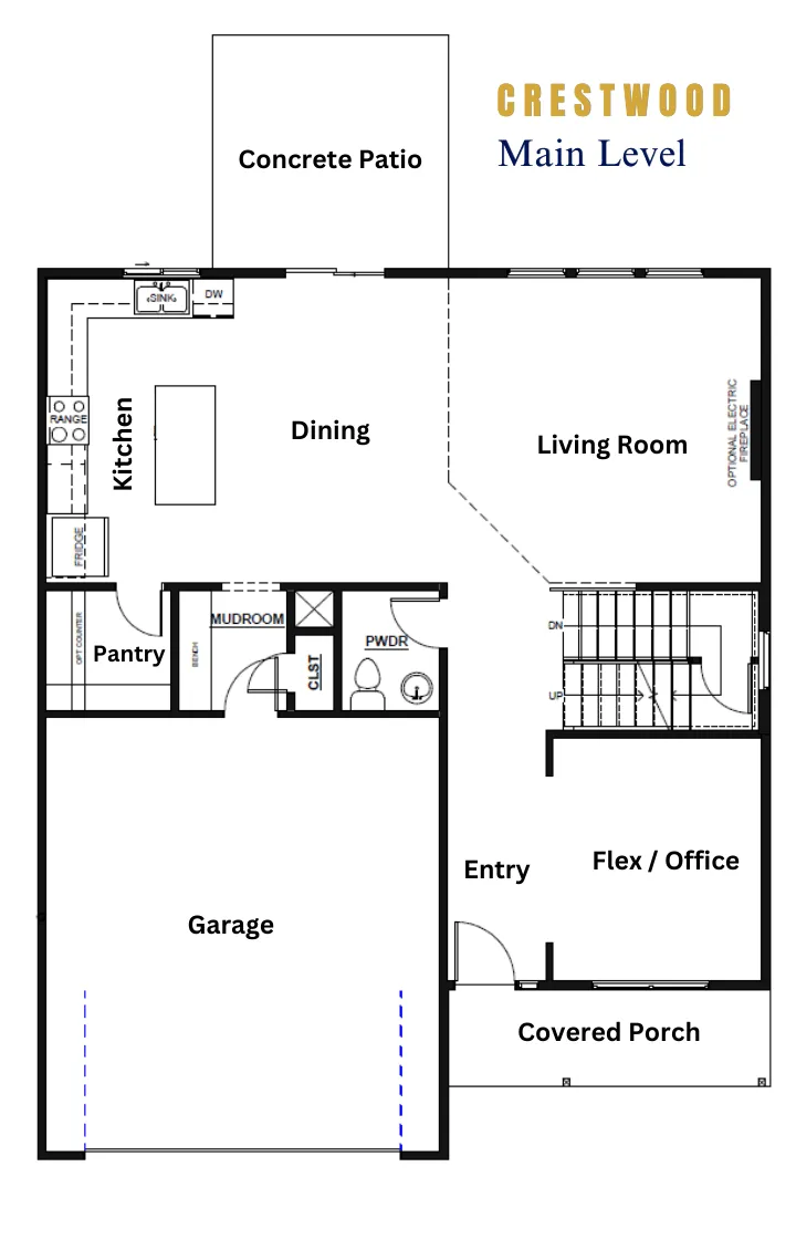 Floor plan of Crestwood main level showing kitchen, dining, living room, garage, entry, flex office, and concrete patio.