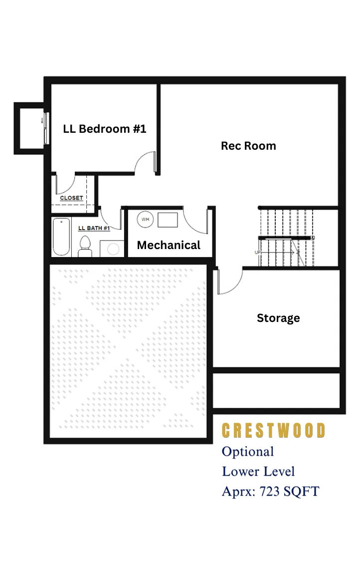Floor plan showing optional lower level with bedroom, bathroom, rec room, mechanical room, storage, and closet.