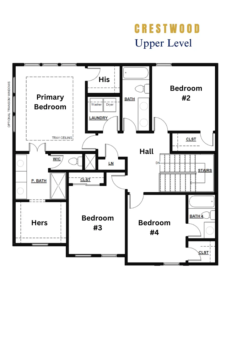 Crestwood upper level floor plan showing primary bedroom, four additional bedrooms, laundry room, and four bathrooms.