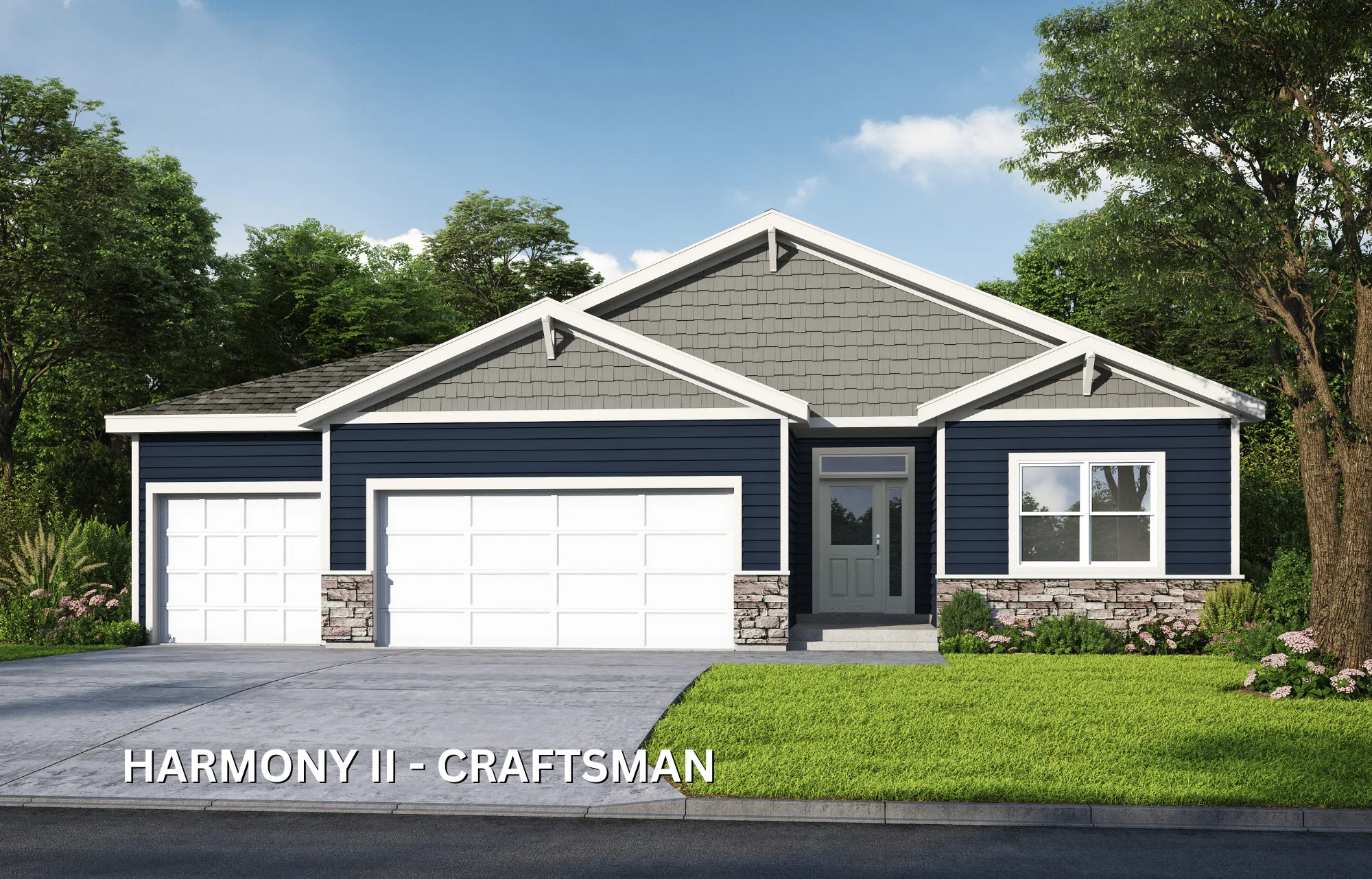 Single-story home with dark blue siding, white trim, two-car garage, stone foundation, and gabled roof.