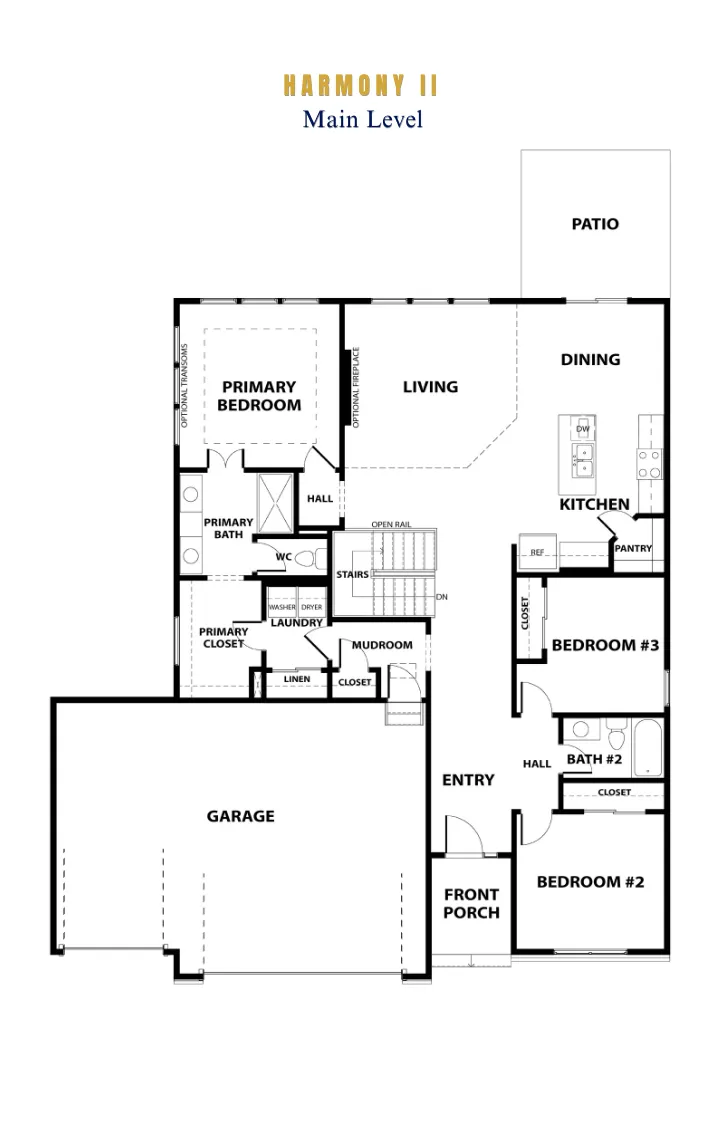 Floor plan of Harmony II main level showing garage, primary bedroom, three additional bedrooms, kitchen, dining, living