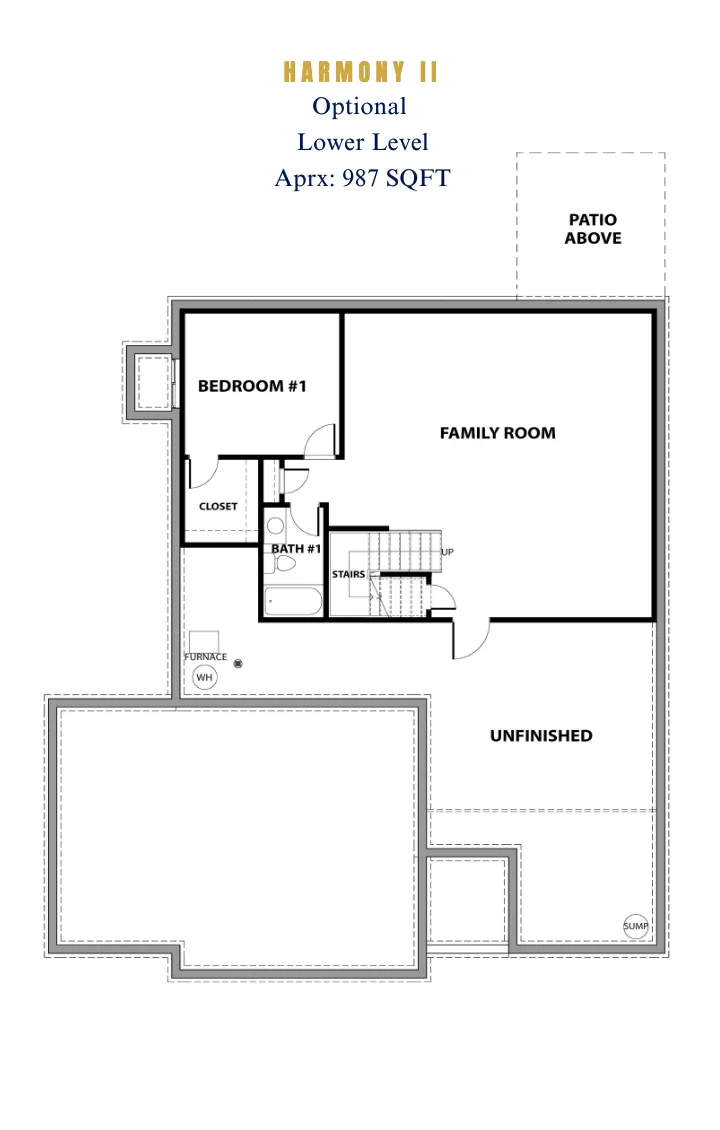 Floor plan of Harmony II optional lower level showing bedroom, family room, bathroom, and unfinished space.