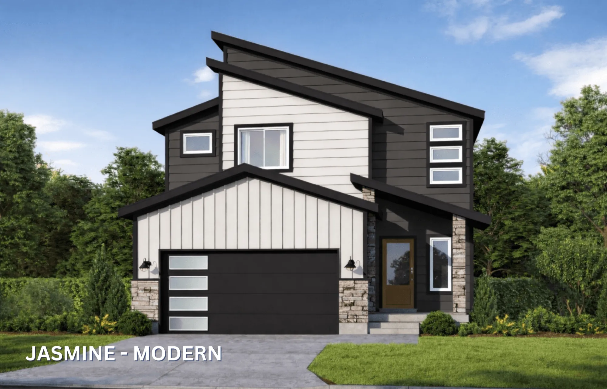 Jasmine Modern 2 car garage W Glass Garage Doors Color Elevation scaled