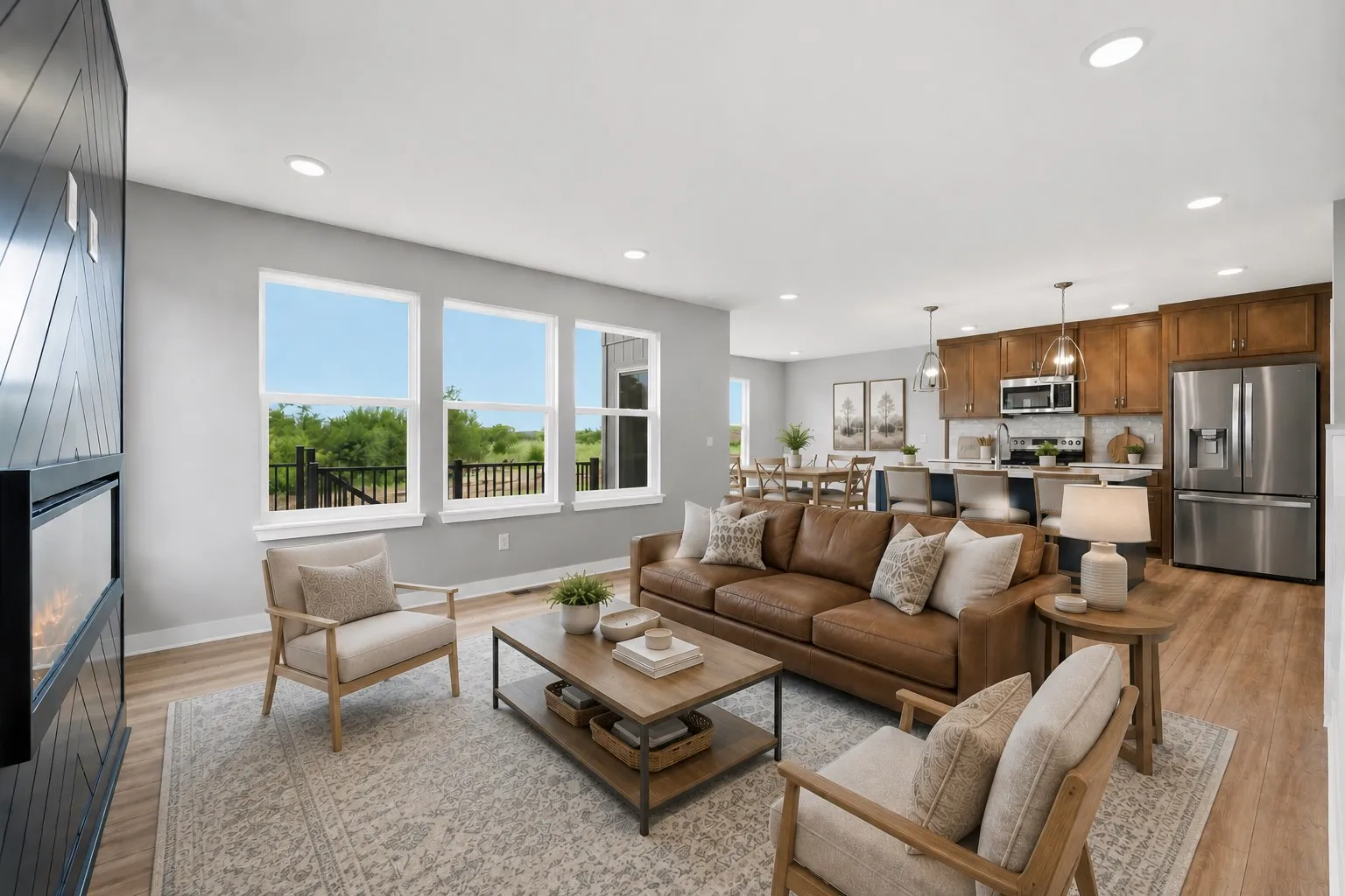Large windows and open space in the staged living room featured in the Gardenia Farmhouse Floorplan 808 Glenn Cir. Lot 144