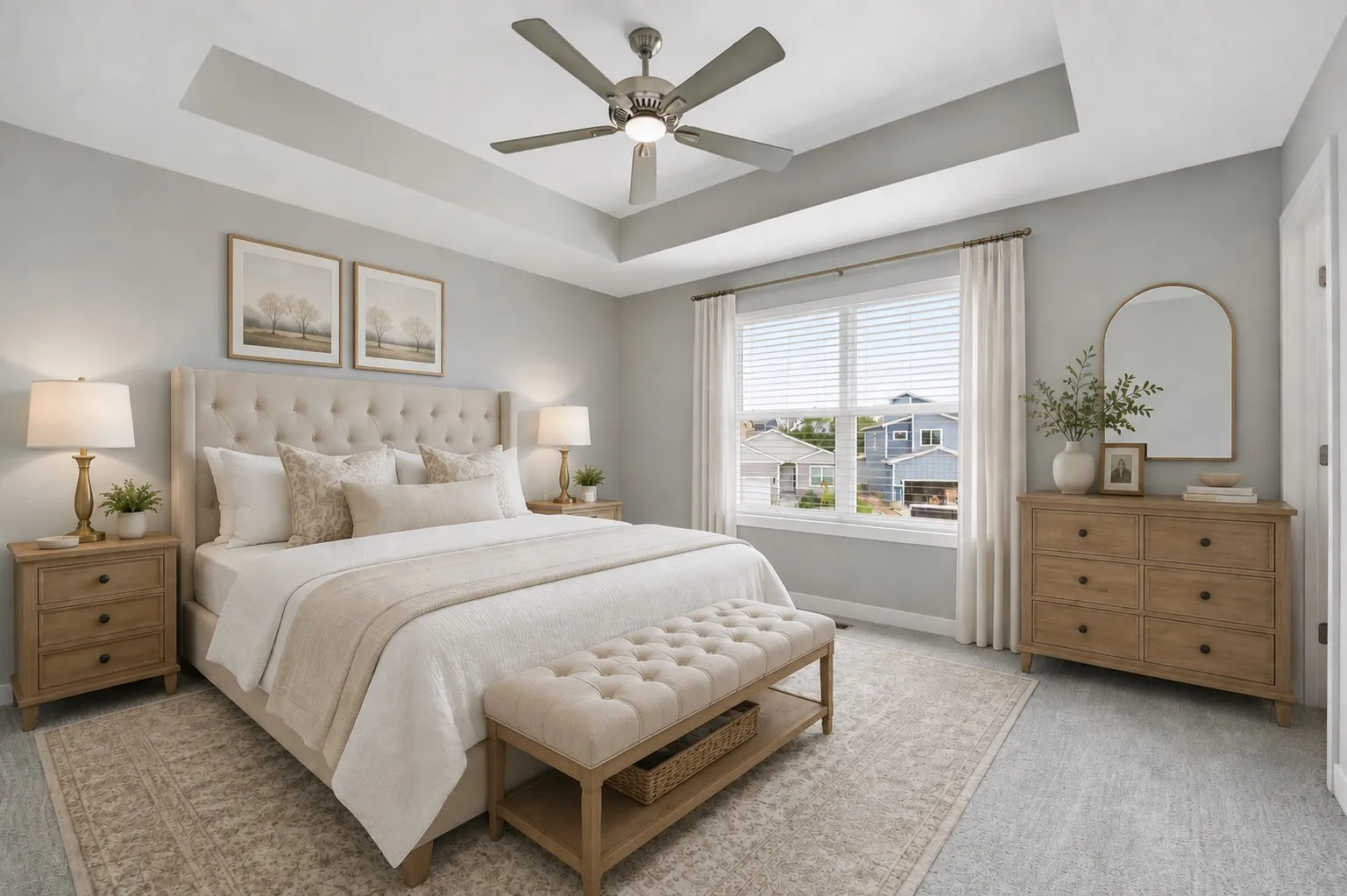 Staged master bedroom in the Gardenia Farmhouse floor plan at 808 Glenn Circle (Lot 144)