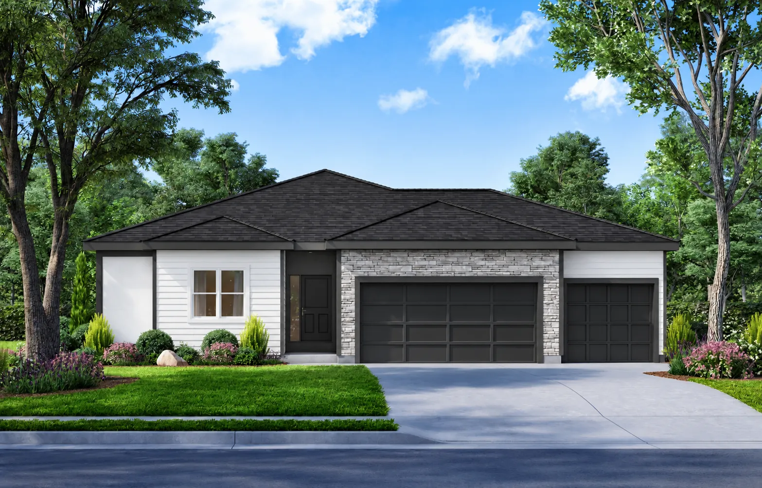 Single-story home with white and gray stone exterior, black roof, two-car garage, and landscaped front yard with trees.