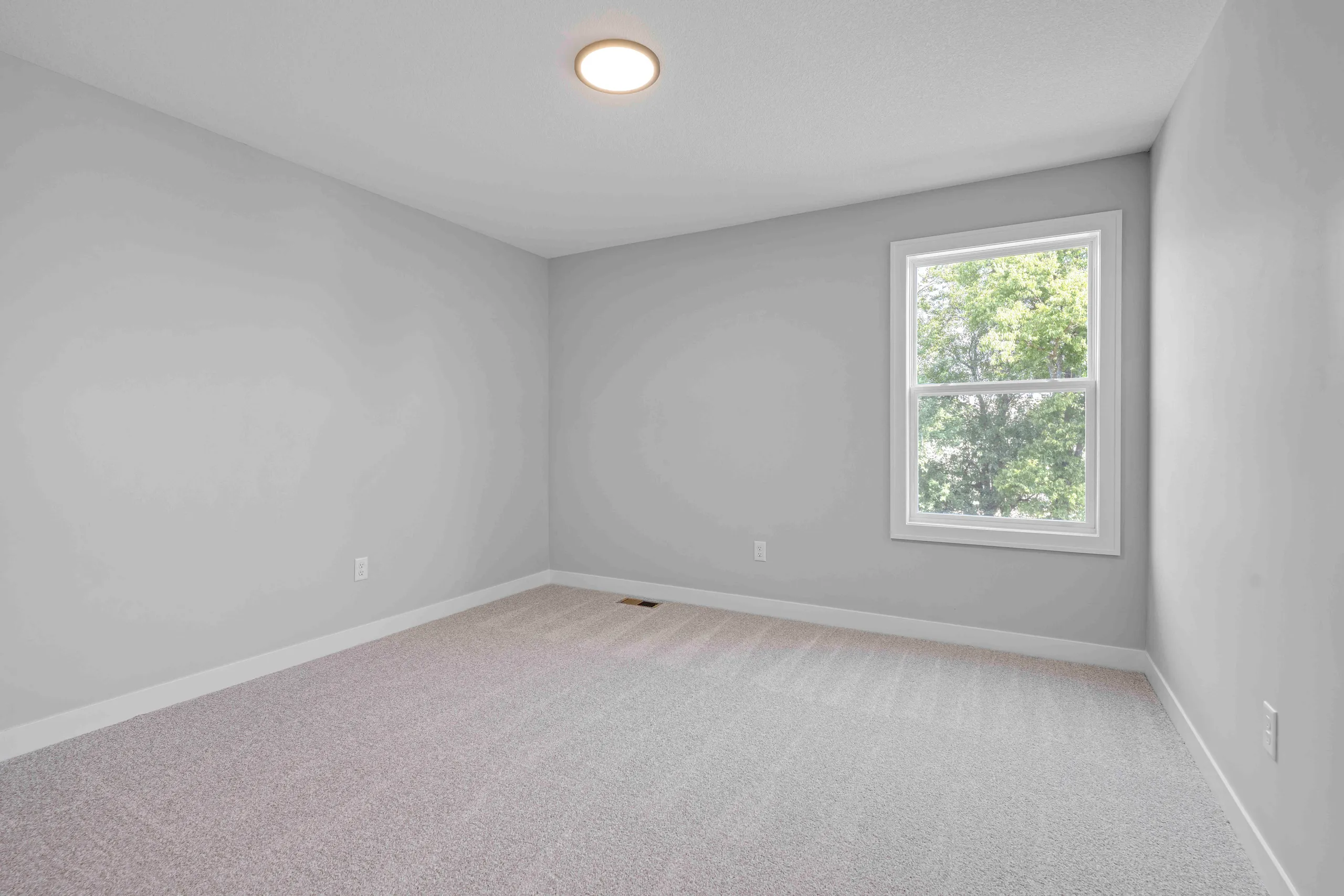 Empty bedroom with gray walls, beige carpet, recessed ceiling light, and window with white trim overlooking trees.