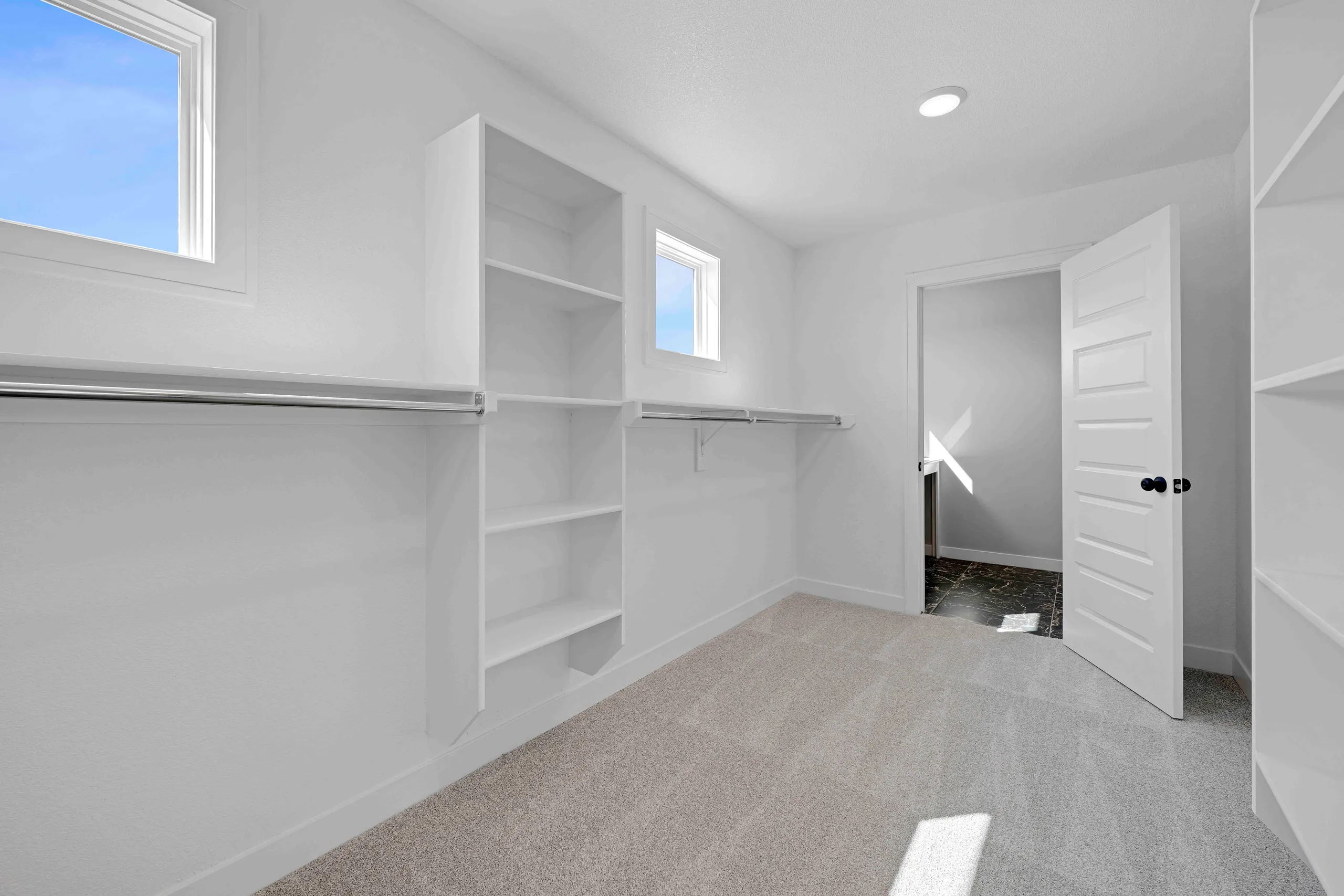 Walk-in closet with white shelving, hanging rods, and carpet flooring with windows and white door.