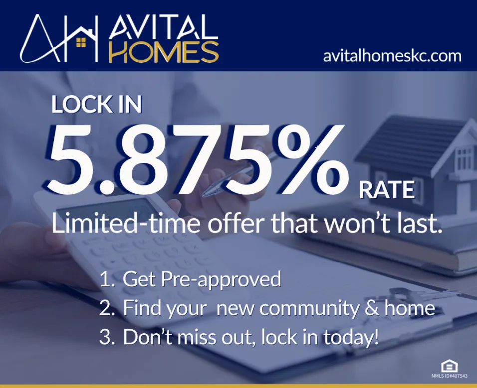 Avital Homes promotional graphic displaying a 5.875% mortgage rate offer with a house model and laptop on a desk.