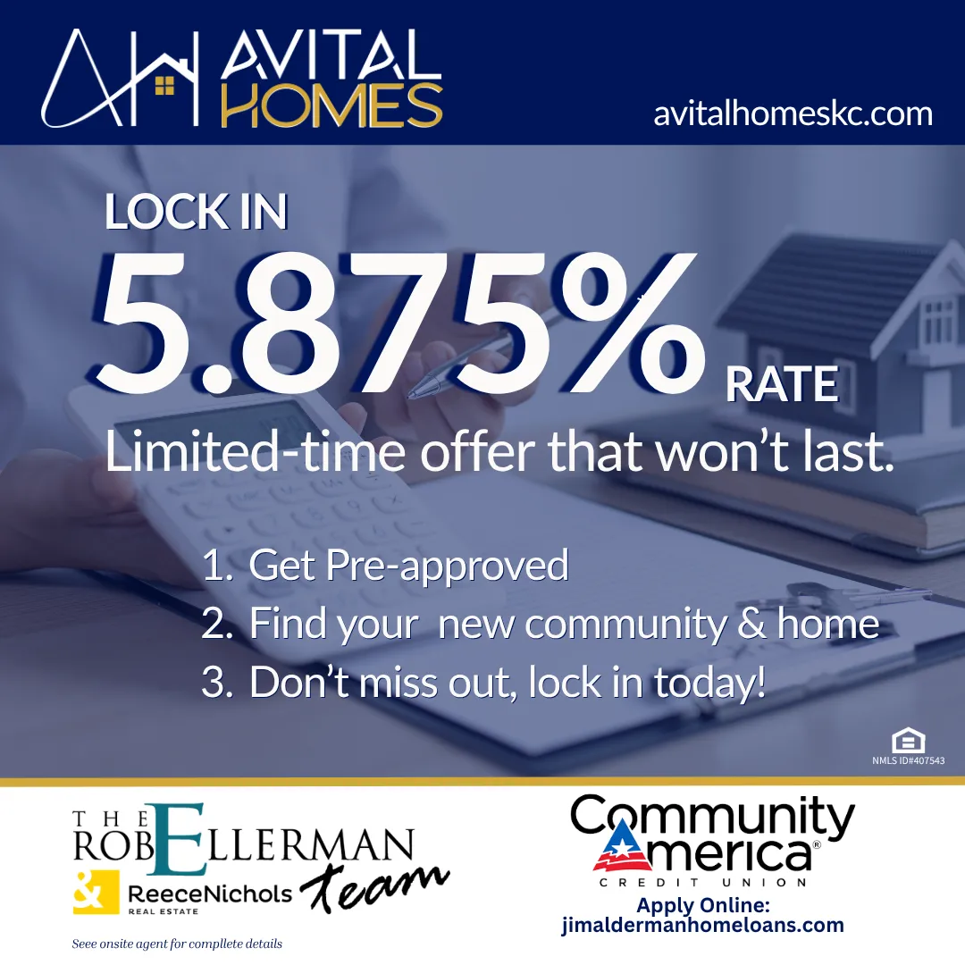 Avital Homes promotional banner displaying a mortgage rate offer with a blurred background showing blueprints and house