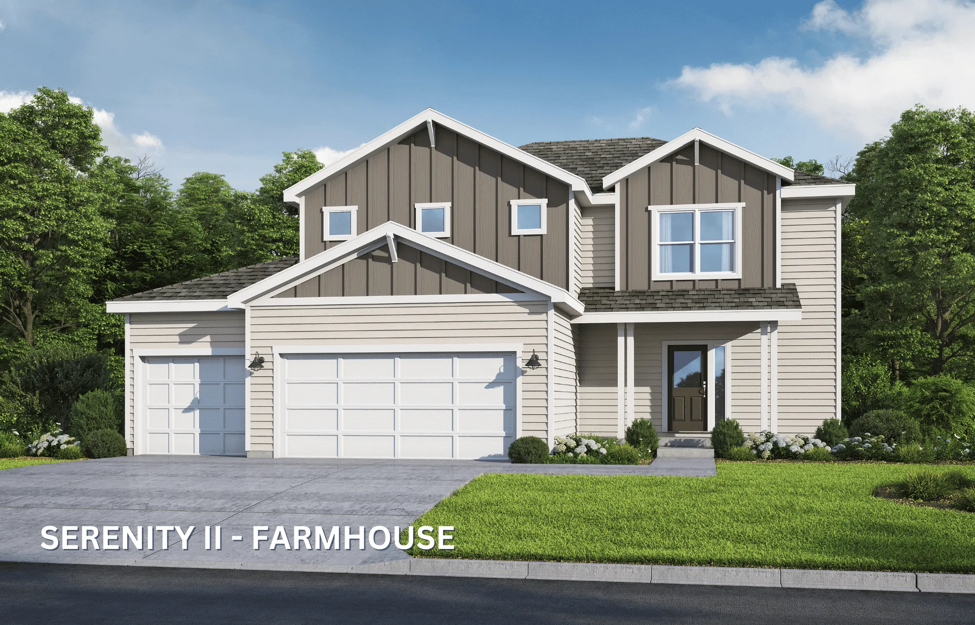 Serenity II Farmhouse 3 car garage Color Elevation