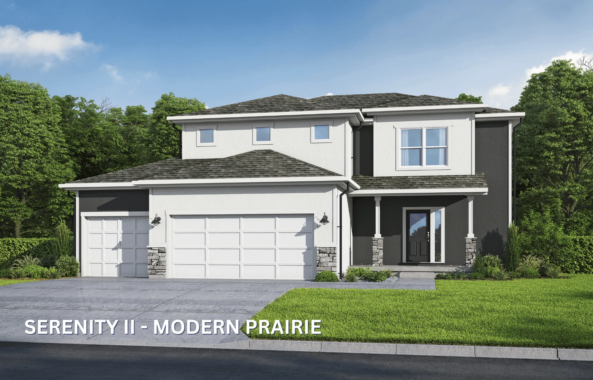 Serenity II Modern Prairie 3 car garage Color Elevations